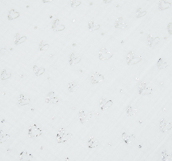 Baumwoll - Musselin Stoff silberne Herzen weiß - Meterware ab 25 cm x 130 cm