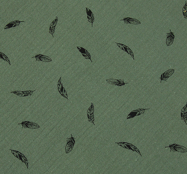 Baumwoll - Musselin Stoff Federn army grün - Meterware ab 25 cm x 135 cm