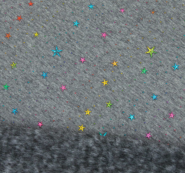 Baumwoll - Sweat Stoff Alpenfleece bunte Sterne Glitzer dunkelgrau  - Meterware ab 25 cm x 150 cm