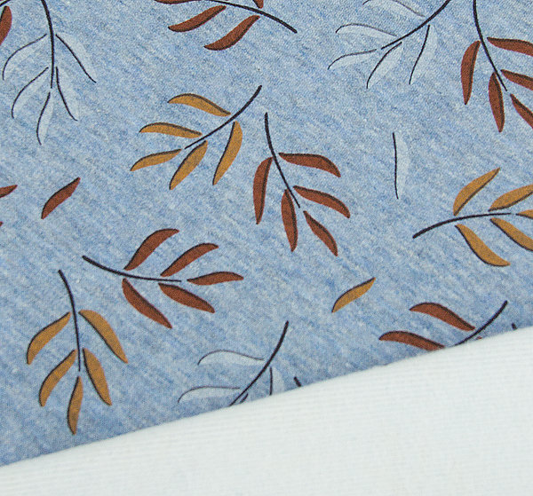 Baumwoll - Sweat Stoff Alpenfleece Blätter Herbst blau  - Meterware ab 25 cm x 150 cm