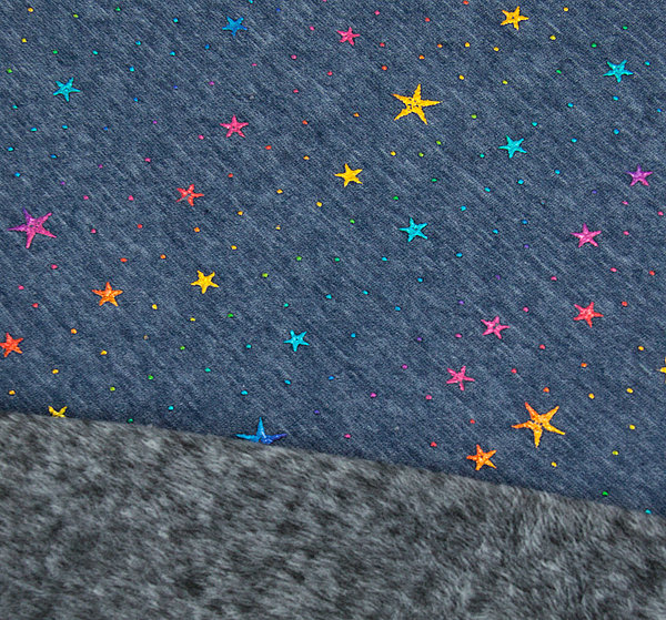 Baumwoll - Sweat Stoff Alpenfleece bunte Sterne Glitzer dunkelblau  - Meterware ab 25 cm x 150 cm