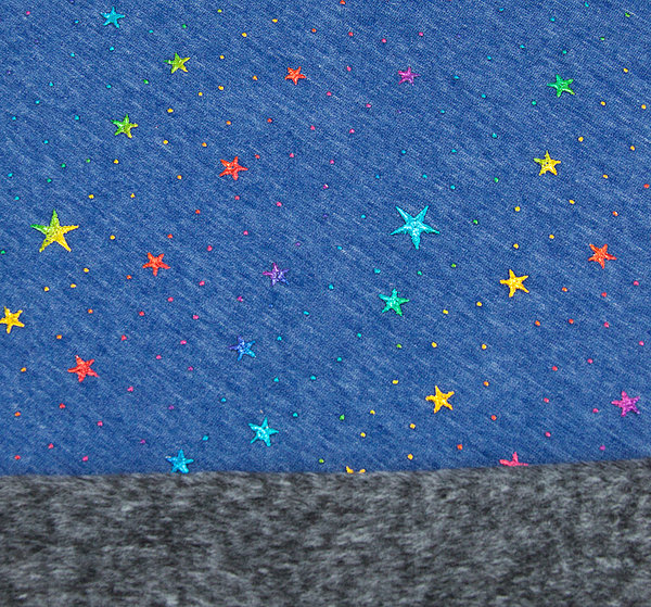 Baumwoll - Sweat Stoff Alpenfleece bunte Sterne Glitzer königsblau  - Meterware ab 25 cm x 150 cm
