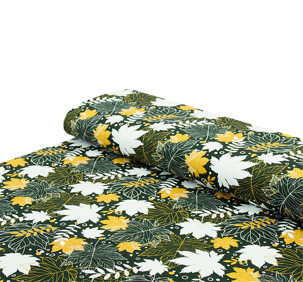 Baumwolle Sweat Stoff Stoff angeraut Ahornblätter Blätter dunkelgrün - Meterware ab 25 cm x 160 cm